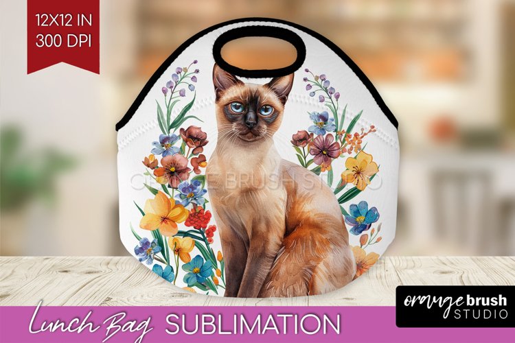 Floral Cat Lunch Bag - Flowers Lunch Bug PNG Sublimation example image 1