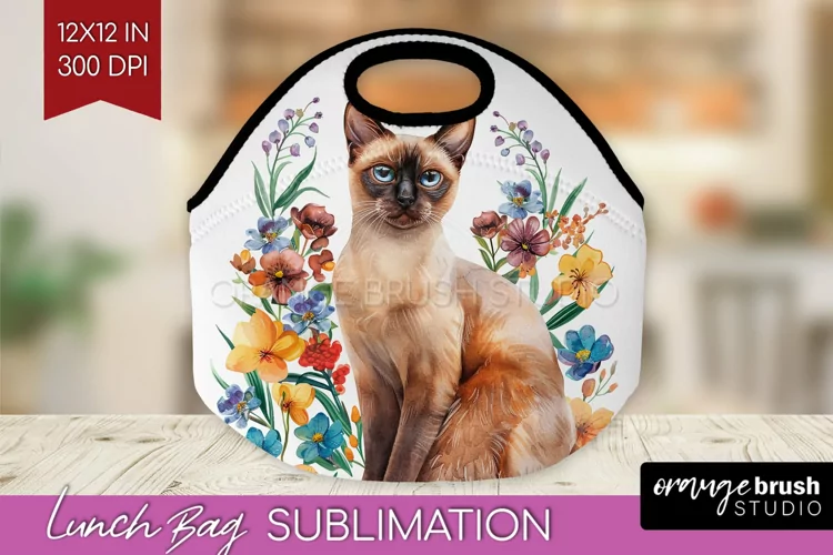 Floral Cat Lunch Bag - Flowers Lunch Bug PNG Sublimation