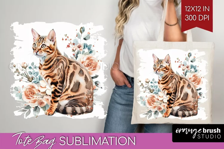 Floral Cat Tote Bag - Flowers Tote Bag PNG Sublimation
