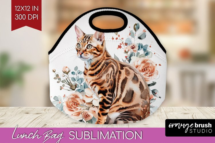 Floral Cat Lunch Bag - Flowers Lunch Bug PNG Sublimation example image 1