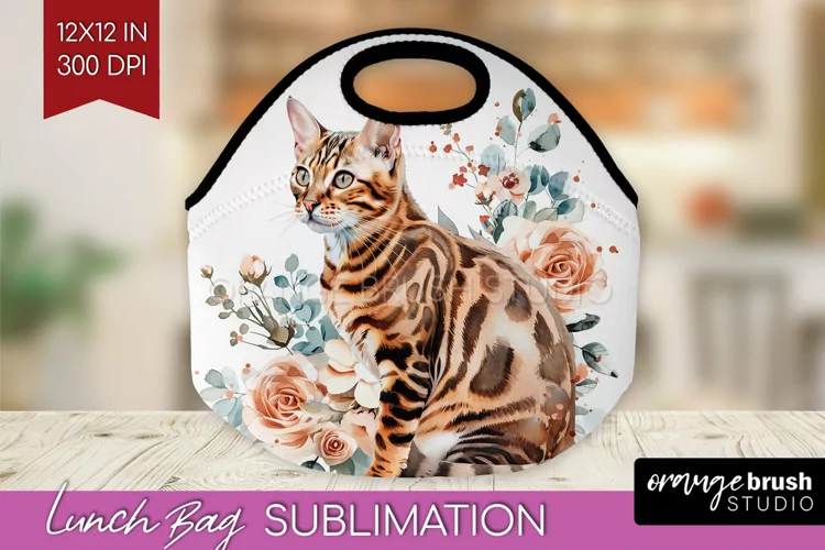 Floral Cat Lunch Bag - Flowers Lunch Bug PNG Sublimation