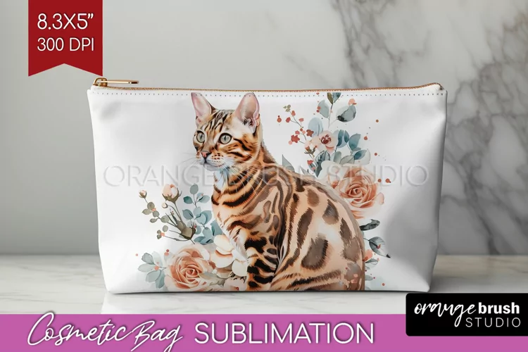 Floral Cat Cosmetic Bag - Flowers Makeup Bag PNG Sublimation
