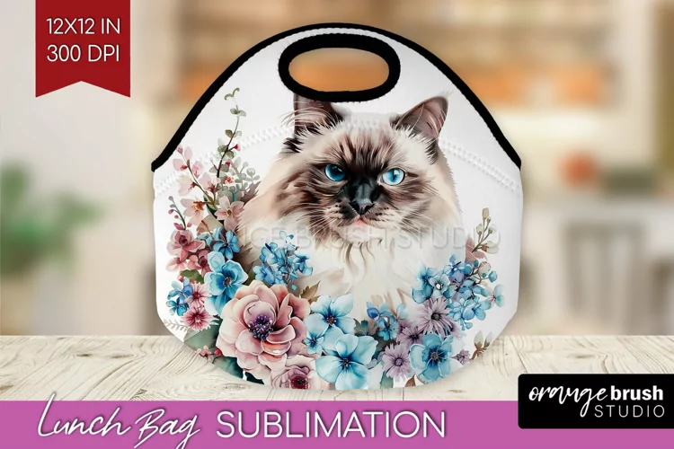 Floral Cat Lunch Bag - Flowers Lunch Bug PNG Sublimation