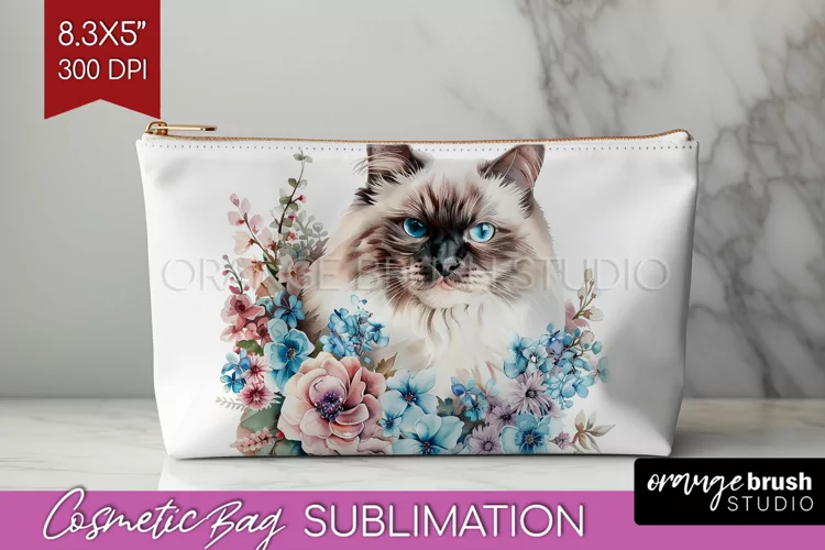 Floral Cat Cosmetic Bag - Flowers Makeup Bag PNG Sublimation