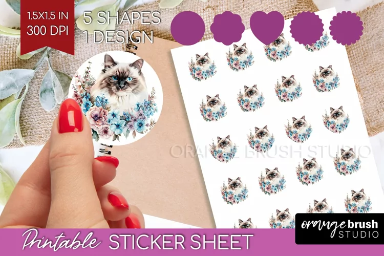 Floral Cat Round Sticker - Flowers Printable Sticker Sheet
