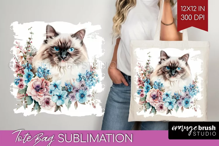 Floral Cat Tote Bag - Flowers Tote Bag PNG Sublimation