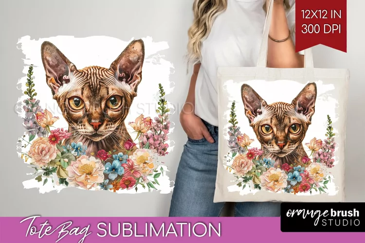 Floral Cat Tote Bag - Flowers Tote Bag PNG Sublimation