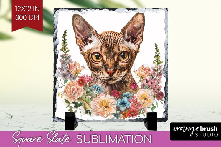 Floral Cat Slate PNG - Flowers Square Slate Sublimation