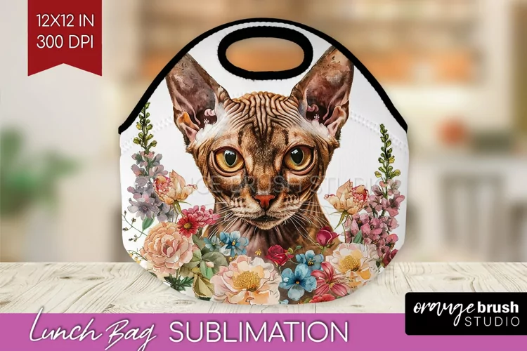 Floral Cat Lunch Bag - Flowers Lunch Bug PNG Sublimation