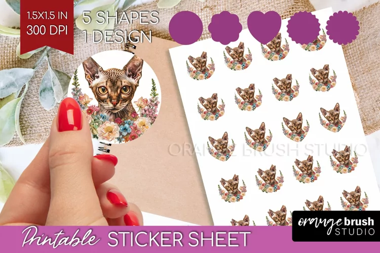 Floral Cat Round Sticker - Flowers Printable Sticker Sheet
