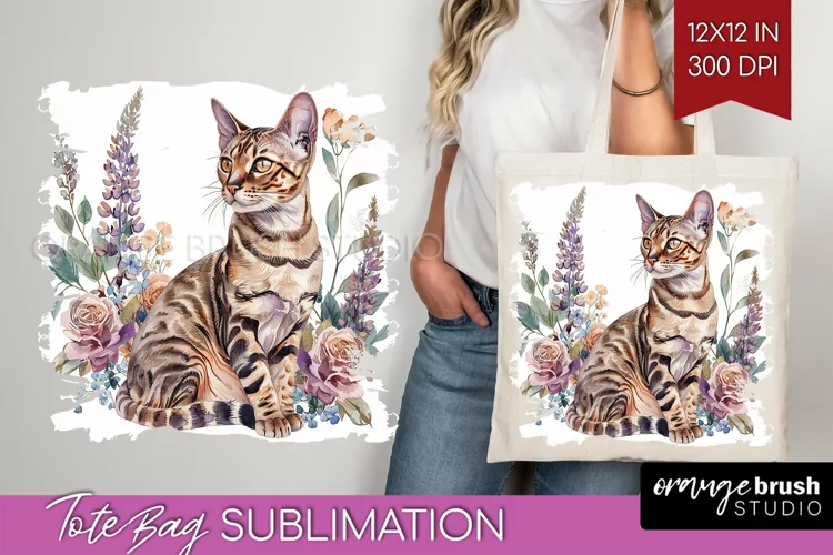 Floral Cat Tote Bag - Flowers Tote Bag PNG Sublimation