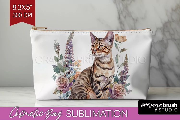 Floral Cat Cosmetic Bag - Flowers Makeup Bag PNG Sublimation