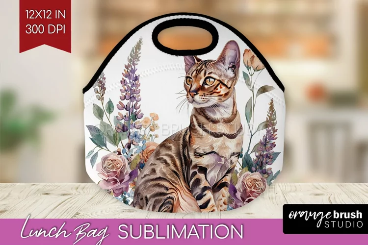 Floral Cat Lunch Bag - Flowers Lunch Bug PNG Sublimation