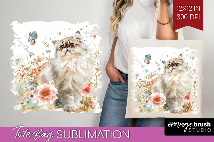 Floral Cat Tote Bag - Flowers Tote Bag PNG Sublimation