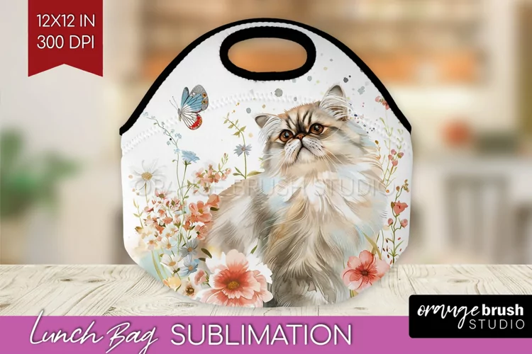 Floral Cat Lunch Bag - Flowers Lunch Bug PNG Sublimation