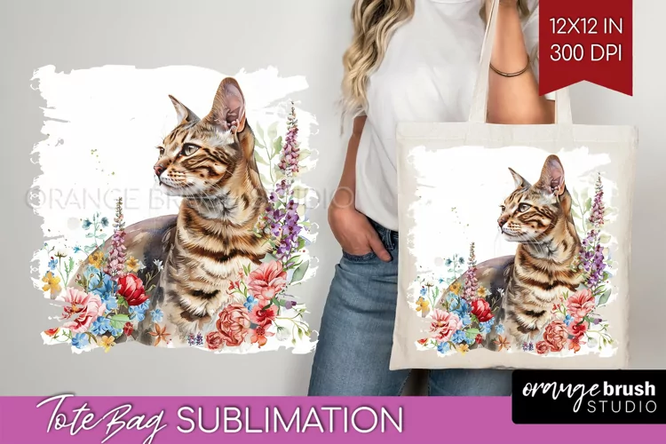Floral Cat Tote Bag - Flowers Tote Bag PNG Sublimation