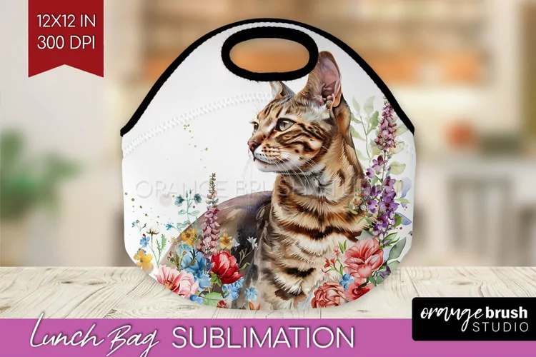 Floral Cat Lunch Bag - Flowers Lunch Bug PNG Sublimation