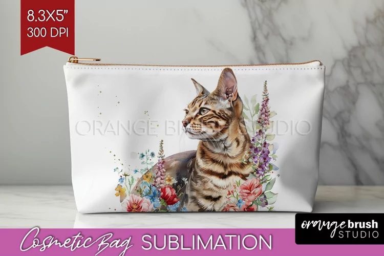 Floral Cat Cosmetic Bag - Flowers Makeup Bag PNG Sublimation