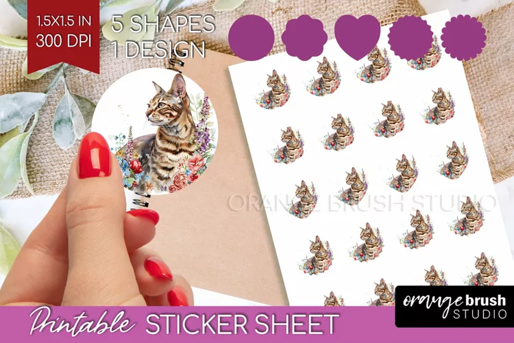 Floral Cat Round Sticker - Flowers Printable Sticker Sheet