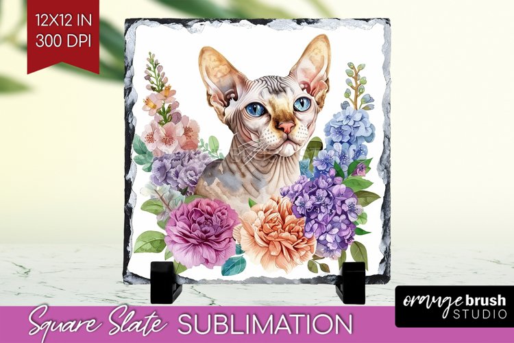 Floral Cat Slate PNG - Flowers Square Slate Sublimation