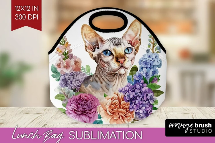 Floral Cat Lunch Bag - Flowers Lunch Bug PNG Sublimation