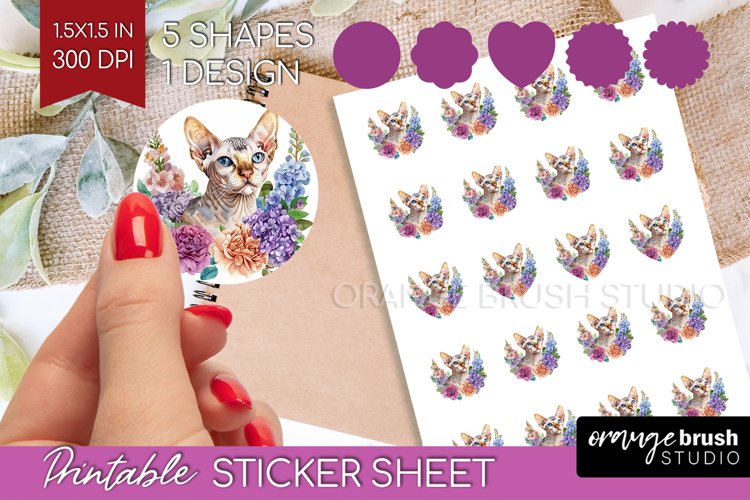 Floral Cat Round Sticker - Flowers Printable Sticker Sheet example image 1