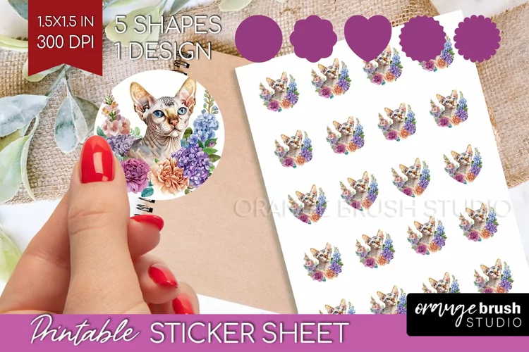 Floral Cat Round Sticker - Flowers Printable Sticker Sheet