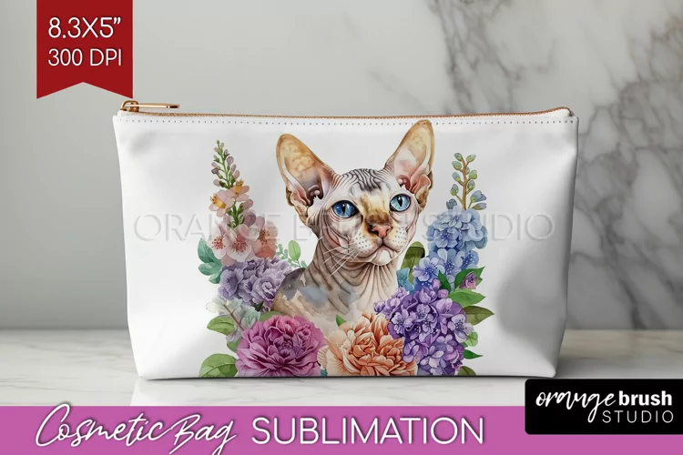 Floral Cat Cosmetic Bag - Flowers Makeup Bag PNG Sublimation