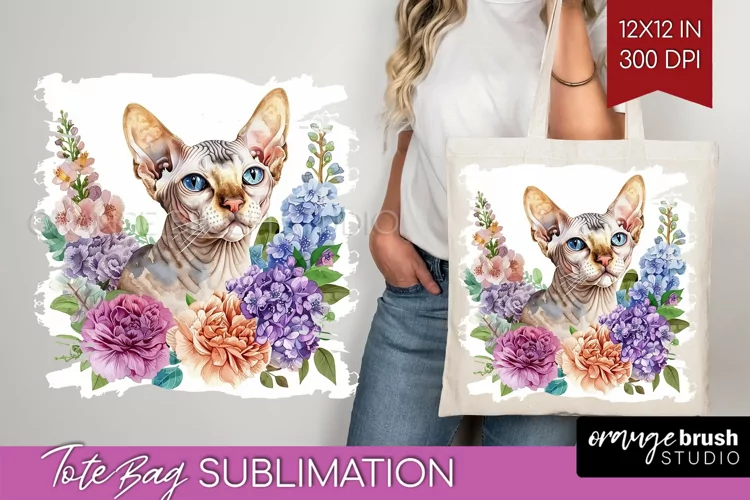 Floral Cat Tote Bag - Flowers Tote Bag PNG Sublimation