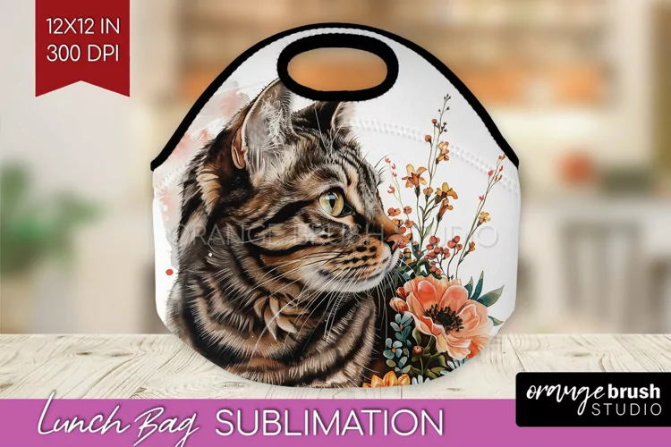 Floral Cat Lunch Bag - Flowers Lunch Bug PNG Sublimation