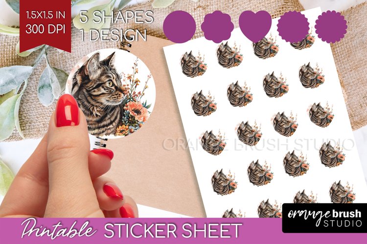 Floral Cat Round Sticker - Flowers Printable Sticker Sheet example image 1