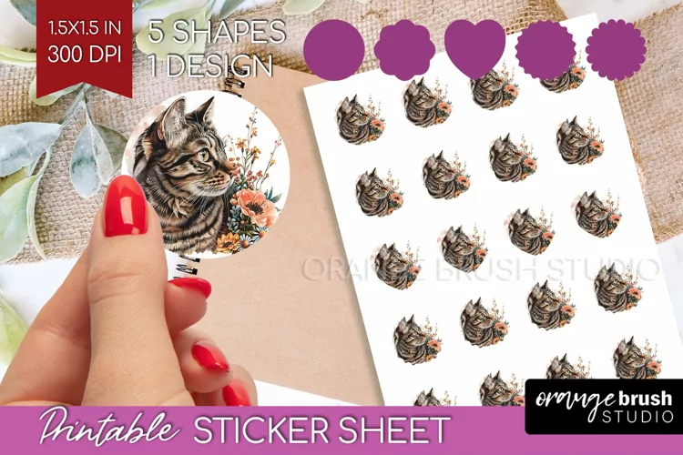 Floral Cat Round Sticker - Flowers Printable Sticker Sheet