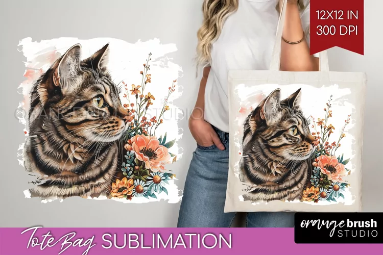 Floral Cat Tote Bag - Flowers Tote Bag PNG Sublimation