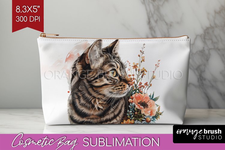 Floral Cat Cosmetic Bag - Flowers Makeup Bag PNG Sublimation example image 1