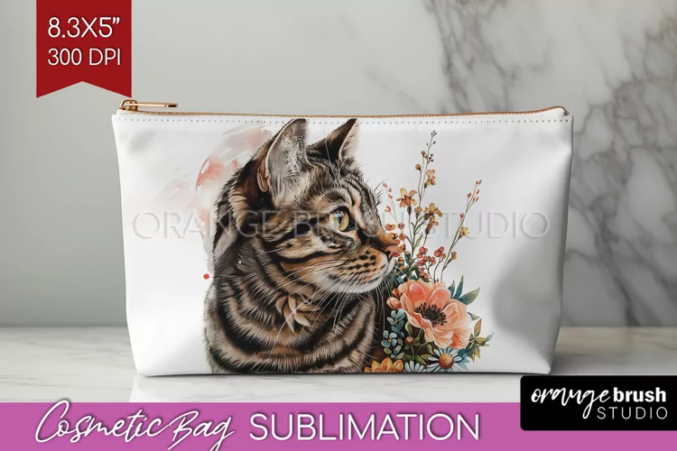 Floral Cat Cosmetic Bag - Flowers Makeup Bag PNG Sublimation
