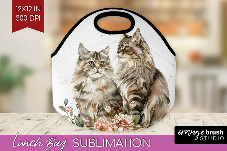 Floral Cat Lunch Bag - Flowers Lunch Bug PNG Sublimation