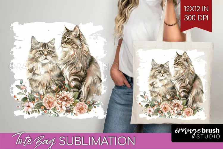 Floral Cat Tote Bag - Flowers Tote Bag PNG Sublimation