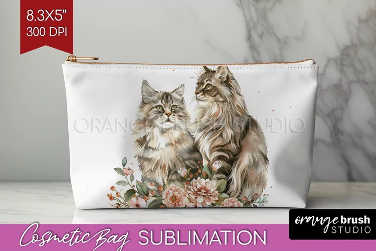 Floral Cat Cosmetic Bag - Flowers Makeup Bag PNG Sublimation