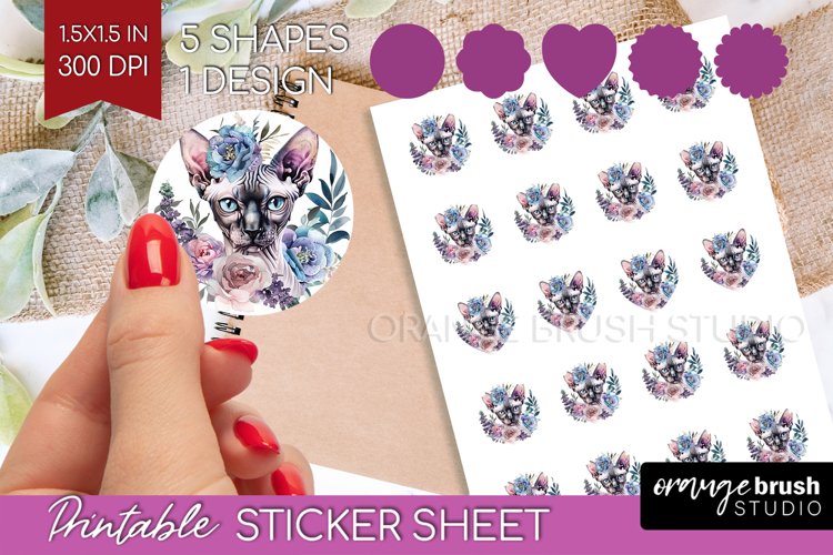 Floral Cat Round Sticker - Flowers Printable Sticker Sheet example image 1