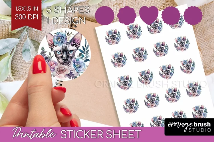 Floral Cat Round Sticker - Flowers Printable Sticker Sheet