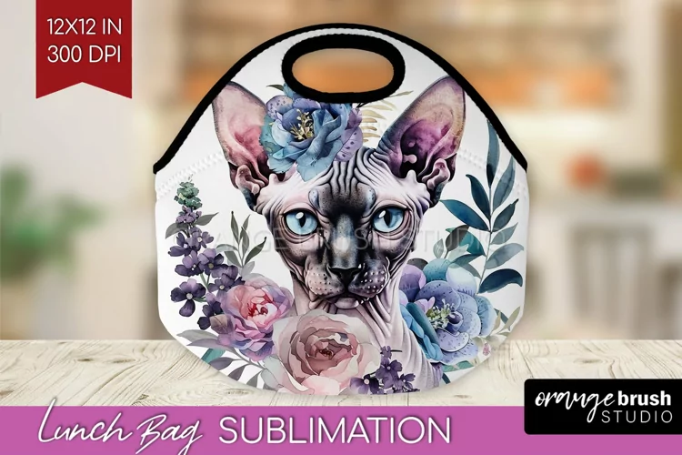 Floral Cat Lunch Bag - Flowers Lunch Bug PNG Sublimation