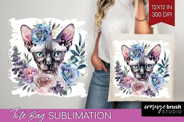 Floral Cat Tote Bag - Flowers Tote Bag PNG Sublimation