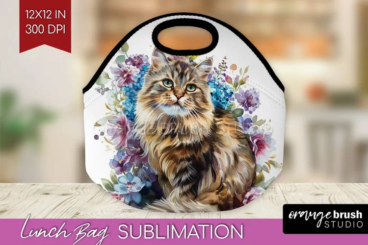 Floral Cat Lunch Bag - Flowers Lunch Bug PNG Sublimation