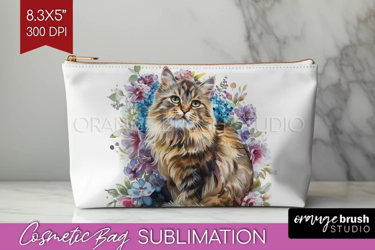 Floral Cat Cosmetic Bag - Flowers Makeup Bag PNG Sublimation