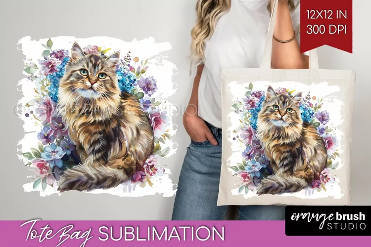 Floral Cat Tote Bag - Flowers Tote Bag PNG Sublimation