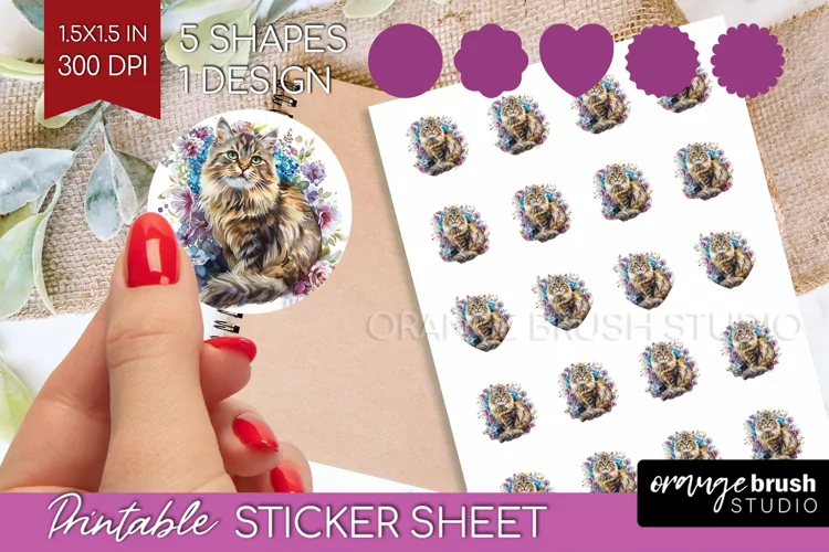 Floral Cat Round Sticker - Flowers Printable Sticker Sheet