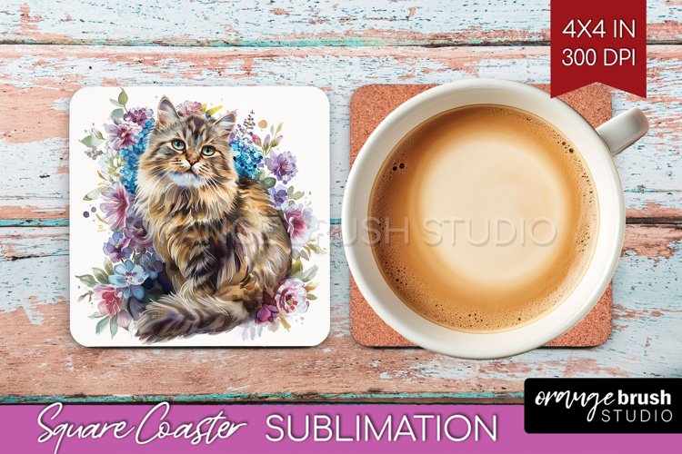 Floral Cat Square Coaster - Flowers Coaster PNG Sublimation
