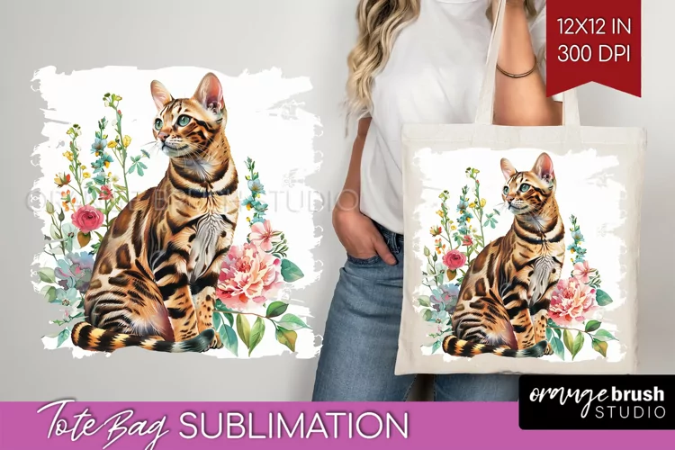 Floral Cat Tote Bag - Flowers Tote Bag PNG Sublimation