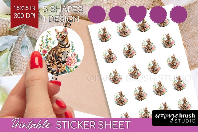 Floral Cat Round Sticker - Flowers Printable Sticker Sheet example image 1