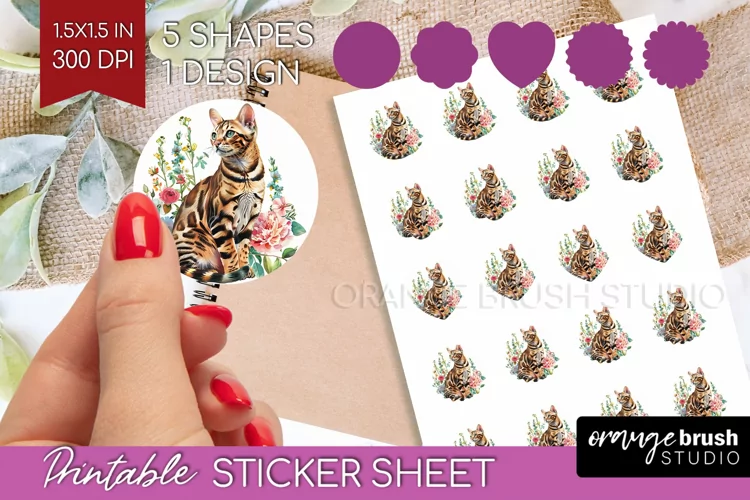 Floral Cat Round Sticker - Flowers Printable Sticker Sheet